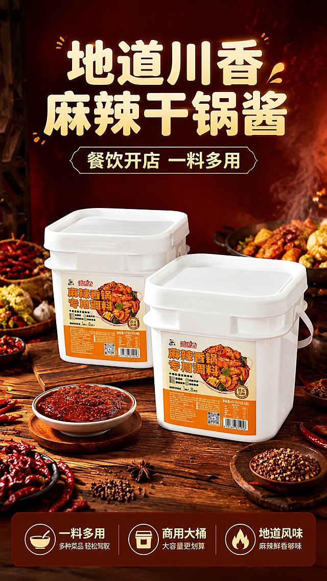 [第1屏] 详情页头图，麻辣干锅酱商用大桶装宣传海报。本屏使用【图1】作为商品主体。
[氛围/风格] 川味餐饮食欲风，暖调红棕色背景，商业美食摄影质感，充满烟火气。
[元素布局] 商品桶装主体放置在画面中下区域，占比约65%；画面上方预留主标题区，商品周围搭配红辣椒、花椒、香辛料等原料作为前景装饰，整体保持商品包装结构、颜色、文字与输入产品图完全一致。
[光影质感] 左前方柔光主照明，右侧自然补光，商品底部自然投影，突出酱料包装质感，整体明暗层次清晰。
[配色色系] 全局底色#991a1a，主色暖红棕，辅助色木色台面、原色香料点缀。
[视角构图] 正面平视视角，商品位于视觉中心，阅读动线从上到下：主标题→商品主体→底部卖点。
[文字版式] 版式为上方标题+中下商品+底部卖点信息条。主标题「地道川香麻辣干锅酱」，副标题「餐饮开店 一料多用」，加粗圆角黑体，居中对齐；底部三个信息卖点「一料多用」「商用大桶」「地道风味」，图标加文字排列，文字不遮挡商品主体。
[比例分辨率] 9:16 竖版比例，4K分辨率，文字清晰可辨，高清画质。
[负向提示词] 商品变形，缺件错件，颜色偏差，包装文字错乱，文字过小，水印，背景杂乱
