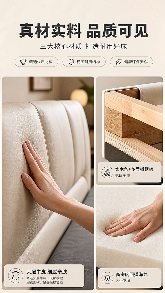 [商品] 使用【图1】意式极简软包床（7602浅米白色床头款）；保留床体结构、碳黑五金脚、床头造型；本页侧重材质工艺展示，床体局部+材质特写组合呈现，不改变产品原貌。
[画面] 页面目标：材质工艺证明页，展示头层牛皮、高密度回弹海绵、实木框架三大核心材质，建立品质信任。构图：三分格竖版布局，上1/3为文案标题区，中下2/3分为左右两栏——左侧大图为手部触摸床头皮革（微距质感），右侧上下分两小格，分别展示实木框架截面与海绵按压回弹演示；产品床体局部位于左栏主视觉，占画面约40%；前景为手部与皮革纹理，中景为软包床头，后景为虚化暖调背景，三层景深。
[视觉] 套系策略：风格=意式极简高级家居商业摄影；标题字=现代无衬线粗体（思源黑体Heavy）；正文字=简洁无衬线体（思源黑体Regular）；主色=奶杏米白；背景延展=基于奶杏米白做深浅层级、同色渐变与细腻墙漆/织物质感；强调色=碳黑色，仅用于小面积图标、引线、标签与五金呼应；标题色=深炭灰；正文色=中暖灰；组件=圆角浅底信息卡、细线引线、胶囊形卖点框；光影=暖调柔光，材质纹理清晰，阴影自然。
[文字] 顶部主标题"真材实料 品质可见"（8字，大字号）；副标题"三大核心材质 打造耐用好床"（10字，中字号）；左栏大图下方标注"头层牛皮 细腻亲肤"；右上小图标注"实木条+多层板框架 稳固承重"；右下小图标注"高密度回弹海绵 久坐不塌"；每格配对应小图标。文字不遮挡材质特写主体。
[规格] 图片比例9:16竖版，4K，避免变形、错字、文字过小、冷蓝/蓝灰背景、材质失真、海绵与木材虚构结构。