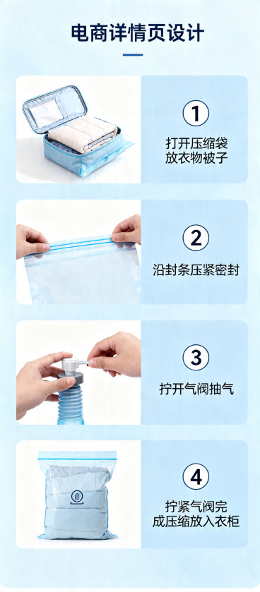 真空压缩袋详情页，使用方法步骤：1打开压缩袋放衣物被子，2沿封条压紧密封，3拧开气阀抽气，4拧紧气阀完成压缩放入衣柜。步骤清晰图文展示，竖版排版简约易懂预览效果