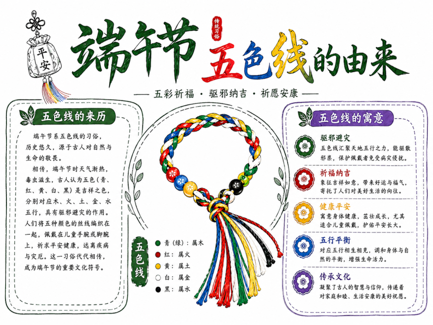 参考原图，将端午节五色线的由来手抄报改成纯白底手绘风格，去掉渐变背景和多余装饰，保留全部文字内容和布局，线条清晰，风格简约手绘预览效果