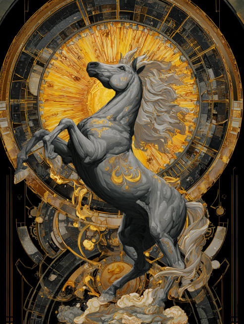 1. 空间与构图
核心布局：统一采用中心聚焦式构图，生肖马始终为视觉核心，金色能量核心（璀璨福运核心）为第二锚点，确保视觉重心稳定；马的姿态需体现 “虔诚联结”（前蹄轻踏核心），呼应龙马精神的奋进感。预览效果