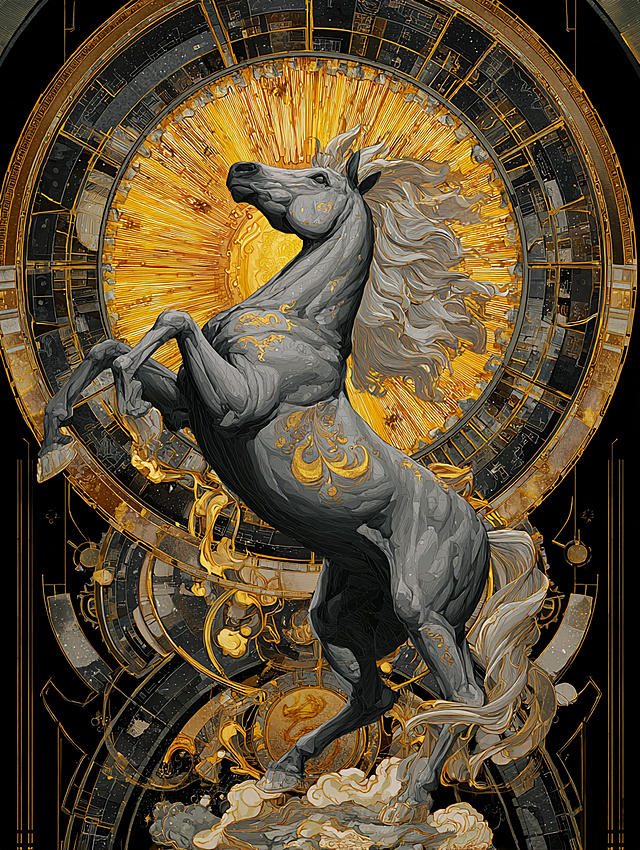鎏金风与浮雕风交织，银色神驹腾跃于机械穹顶之上，融合欧洲宫廷艺术与未来科技感，尽显奢华与神圣的插画美学。