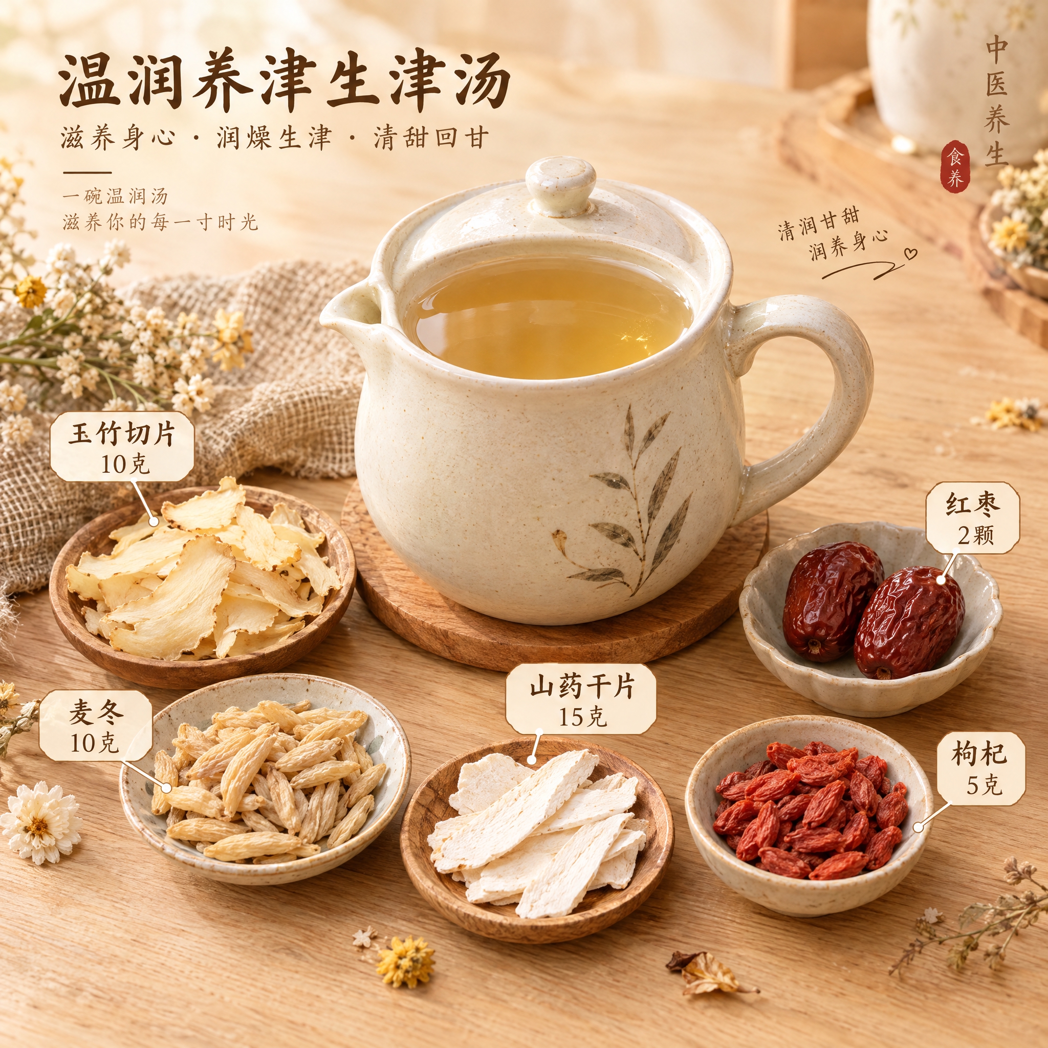 中医养生汤品食材展示图，温润养津生津汤主题。画面中央是一只素雅… - 图片创意预览