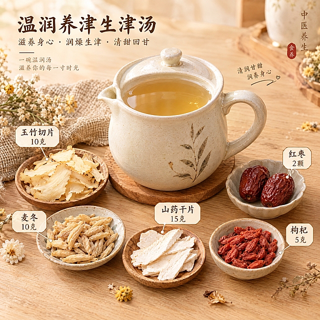 中医养生汤品食材展示图，温润养津生津汤主题。画面中央是一只素雅的陶瓷养生壶，壶中盛着清润透亮的浅金色茶汤，壶旁摆放着五种食材：玉竹切片、麦冬、山药干片、红枣两颗、一小把枸杞，每种食材新鲜饱满、质感细腻，旁边有小标签标注名称和克数。背景为温暖的米黄色木质桌面，搭配少量干花和麻布点缀，整体光线柔和温暖，风格为清新治愈的美食摄影风，色调温润暖黄，营造出养生滋补、温润清甜的氛围，适合养生食谱配图。