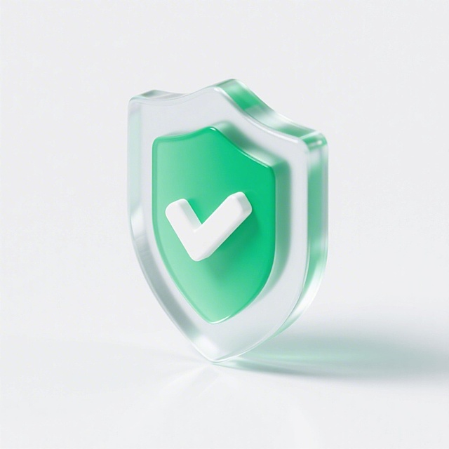 科技感玻璃盾牌，清透3D质感，重拟物设计，绿色对勾象征安全防护，现代简约风格。