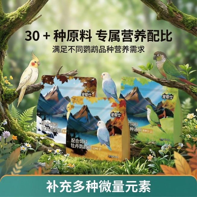 严格还原上传的三款宠帮仕鹦鹉粮产品图，包括包装设计、颜色、LOGO位置、文字内容、图案元素等所有细节。主标题是"30 + 种原料 专属营养配比"，副标题是"满足不同鹦鹉品种营养需求"。画面中心展示三款预览效果