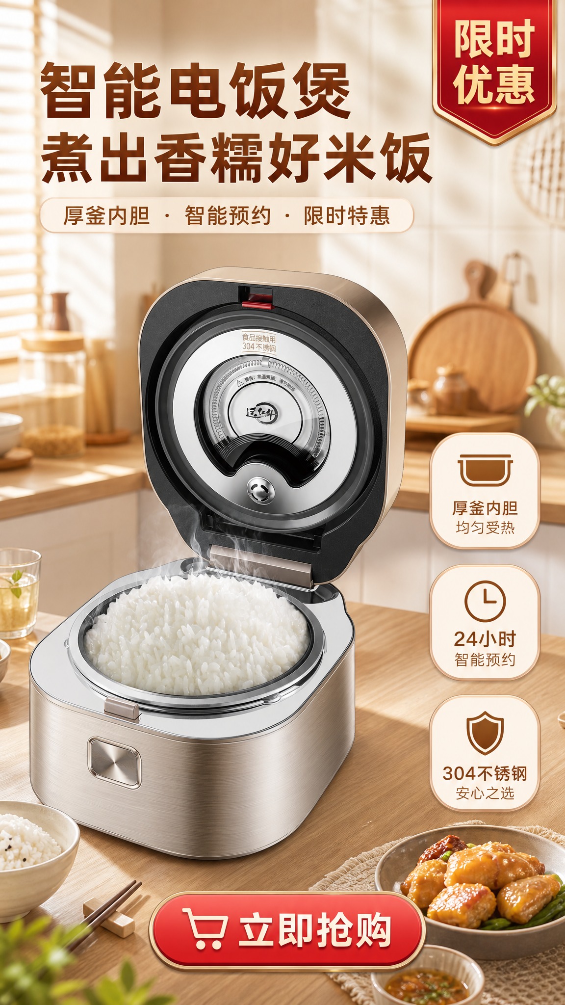 电商商品营销海报，9:16竖版，温馨居家厨房场景。画面中下部为… - 图片创意预览