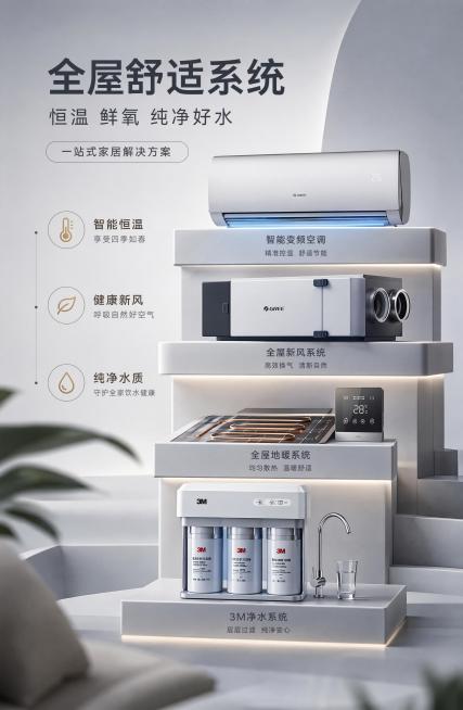 现代简约科技风家居家电海报，空调、新风、地暖、3M净水四款产品按从上到下顺序垂直排列陈列，整体风格精致高级，浅灰低饱和渐变背景，产品分层陈列在几何展台上，主标题"全屋舒适系统"，副标题"恒温 鲜氧 纯预览效果