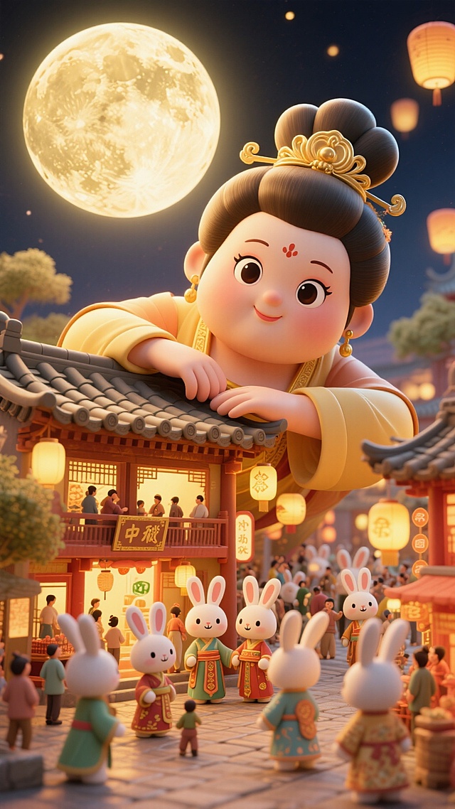 画面呈现金色调：巨人版胖嫦娥（看起来可爱又漂亮，大眼睛）脑袋侧枕着手臂从屋顶后探出，与下面的微缩的小兔国（熙熙攘攘的拟人兔子在繁华的街道过中秋节）互动，非常规的创意构图，中秋节庆的氛围，顶部硕大的月亮，