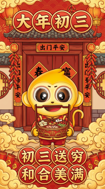 大年初三要改一下，保留猴子IP形象，因为之前那个喜欢睡觉的不太好，修改一下其他的风俗习惯预览效果