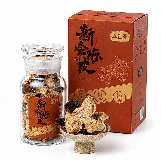 [主图-1] 主题：Authentic Sihui Chenpi，首图展示正宗新会陈皮产品全貌，建立产品第一印象与品质感。
[统一基调] 暖棕木色主色调，深棕背景，自然暖阳侧逆光，中式传统高级食品摄影风格；标题字色为米白+浅金描边，粗衬线字体，厚重有质感；辅助文字用细衬线浅米色；整体克制高级，无多余装饰。
[画面] 纯白背景（Amazon首图规范），画面中央主体为玻璃罐装新会陈皮，罐子右侧摆放完整的陈皮礼盒包装盒，罐子前方小陶瓷碟中放3片完整的三瓣陈皮干，呈自然散落状态。产品占画面85%以上，正面平视略偏45°角，玻璃罐通透可见内部深褐与浅棕相间的陈皮干，礼盒为橙红色配书法字体，标签清晰。产品外观、颜色、材质、结构与输入图完全一致。
[光影质感] 柔和影棚主光从左上45°打下，右侧补光弱化阴影，玻璃罐有自然高光反射，陈皮干表面纹理清晰，底部有自然接触阴影，整体干净通透，白底无杂物。
[配色] 纯白背景，产品本身的橙红、深褐、米白、透明玻璃色为主；无额外配色干扰。
[文字版式] Amazon首图不加任何文字、水印、Logo或装饰边框，仅展示纯净产品。
[输出要求] 1:1正方形，2048×2048分辨率，产品清晰锐利，玻璃质感真实，陈皮纹理细节丰富，无变形、无错字、无模糊、无杂乱背景、无水印、无平台Logo。