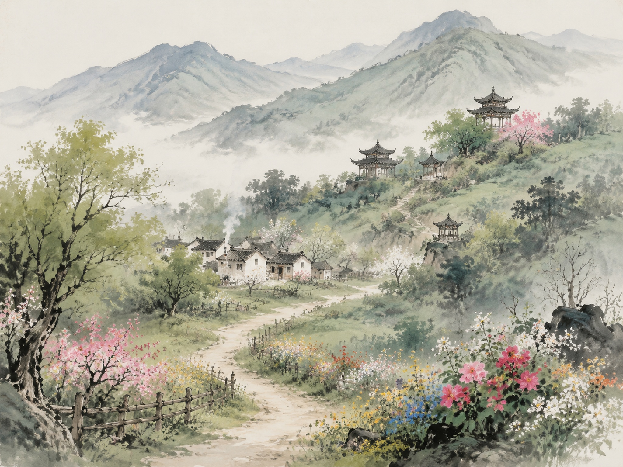根据古诗《山村咏怀》描绘的意境生成画面：一去二三里，烟村四五家… - 图片创意预览