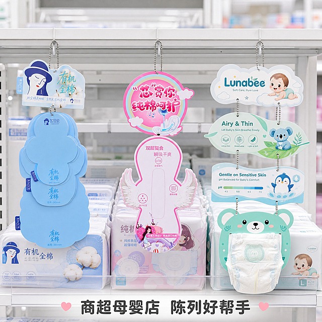 [主图-4] 真实使用场景展示，挂板在商超货架/母婴店悬挂陈列效果。
[统一基调] 整体风格简洁干净、明亮通透，背景不复杂，以浅灰渐变和柔和光影为主；主标题字体为圆润无衬线粗体，字色深灰，辅助文字为中灰，强调色为柔粉色；卡片和图标采用圆角轻量设计，整体传递洁净、专业、实用的日用百货质感。
[画面] 画面模拟商超货架或母婴店陈列场景，白色金属货架横杆上悬挂着3款挂板（粉色翅膀款卫生巾挂板居中，蓝色有机全棉款在左，薄荷绿小熊款纸尿裤挂板在右）；挂板通过挂链/挂绳自然悬挂，垂坠感真实；背景为简洁的浅灰色货架环境，不复杂，突出产品；货架下方隐约可见产品包装示意；整体氛围明亮整洁，有商业陈列感。
[光影质感] 商超照明质感，光线均匀明亮，产品悬挂自然，有轻微摆动的自然感，阴影柔和，整体通透干净。
[配色] 背景浅灰+白色货架，产品保持原有色彩，整体色调明亮清爽。
[文字版式] 画面底部居中放置一行主标题"商超母婴店 陈列好帮手"中号粗体；文字不遮挡产品主体。
[输出要求] 比例1:1，2048×2048，2K高清，产品清晰，场景自然真实；禁止变形、错字、模糊、杂乱背景、水印、平台Logo、多余人物。