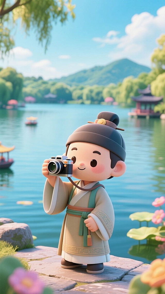 青年诗人苏轼，古代服饰，站在湖边拍照，背景是杭州西湖景观