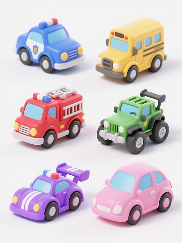 白色背景上，六个不同色彩的卡通风格玩具车系列素材集合规整排布，保持3D立体效果、圆润流畅的线条、光滑的塑料质感、简洁的造型和柔和的光影，每个玩具车都有独特的颜色，包括蓝色警车、红色消防车、黄色校车、绿色越野车、紫色赛车和粉色轿车，它们大小一致，均匀分布，形成整齐有序的视觉效果，整体风格统一且充满童趣。