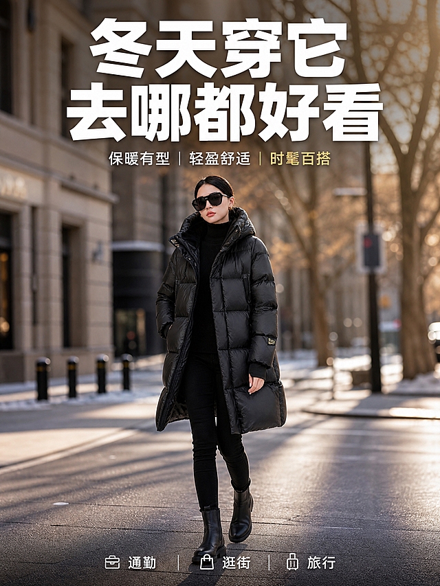 [主图-3] 抖音3:4场景延展图，主题：冬天穿它 去哪都好看。[统一基调] 高级户外编辑风，冬日城市街景背景，主标题白色超大粗体无衬线字，辅助文案白色小号字，强调色金色，抖音竖版构图。[画面] 同一位亚洲年轻女模特，黑色直发，精致妆容，身穿同款黑色中长款连帽泡芙羽绒服，内搭黑色高领毛衣，黑色紧身裤，黑色短靴。模特走在冬日城市街道上，背景是虚化的现代建筑、行道树和淡淡的冬日阳光，有氛围感。模特位于画面中央，全身展示，占画面约55%，自然行走姿态，一手插口袋，一手自然摆动，衣摆随步伐轻微摆动，展现日常穿搭效果。画面顶部放超大号主标题。画面底部有3个白色小字场景标签：通勤 逛街 旅行，横向排列。[光影质感] 自然光感，冬日柔和侧光，人物光影自然融入街景，羽绒蓬松有立体感，背景虚化突出主体，有电影感。[配色] 背景冬日城市暖调街景，主标题白色，辅助文字白色，强调色金色，羽绒服黑色。[文字版式] 主标题在画面最上方，超大号白字粗体，居中，有轻微描边确保在复杂背景上清晰。底部3个场景标签横向排列。文字不遮挡模特脸部。[输出要求] 比例3:4竖版，文字大且清晰，产品清晰，无错字，无水印，无平台Logo，模特自然。
