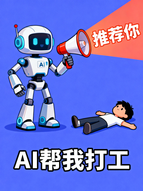 趣味梗图，AI机器人手里拿着大喇叭正在喊"推荐你"，旁边有一个小人躺平呈现赢的状态，图片下方配文"AI帮我打工"，风格幽默搞笑预览效果