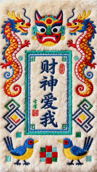 中国传统刺绣风格的竖版装饰画，以米白色毛绒布料为底，表面布满精致的彩色刺绣图案。中心区域是一个蓝绿色边框的方形框架，框内用深蓝色绣有“财神爱我”四个大字，字体为毛笔书法风格，旁边点缀着红色印章和绿色小字。框架上方是一个色彩鲜艳的图腾式面具，两侧各有一条红黄蓝相间的龙形刺绣，龙身缠绕着卷曲的线条和圆形图案。框架左右两侧及下方装饰着对称的几何纹样、抽象鸟形图案和彩色方块，鸟的眼睛为红色，身体由蓝、……预览效果