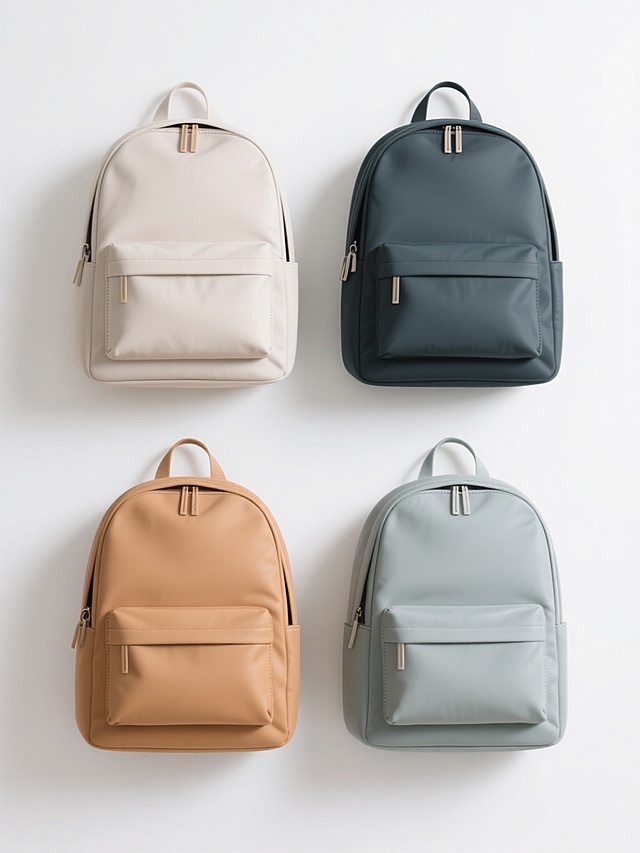 白色背景上，四个不同配色的简约风格书包整齐排列，每个书包都有独特的颜色和设计细节，书包采用简约的线条和结构，材质看起来光滑有质感，整体呈现出干净、现代的设计感，没有多余的装饰，突出书包本身的造型和颜色特点，视觉上给人简洁、清爽的感觉。