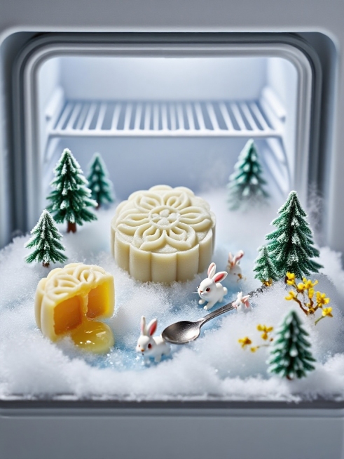 微缩景观，一个迷你冰雪世界（有微缩松树和桂花还有微缩勺子）放置产品，可以看到内部的奶黄流心馅料流出。几只微缩兔子在产品旁边，冒出丝丝干冰的白雾寒气。背景是巨大的冰箱门打开的缝隙，透出冷调光预览效果