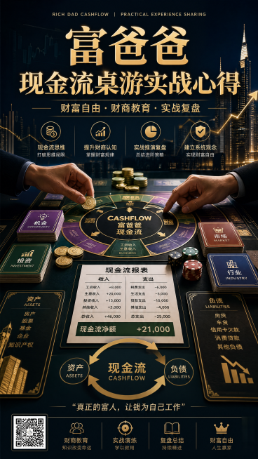 富爸爸现金流桌游实战心得分享海报，整体设计金融理财风格，主标题为"富爸爸现金流桌游实战心得"，副标题突出财富自由和财商教育，画面展示桌游卡牌和金币元素，简洁专业金融风，分辨率4K预览效果