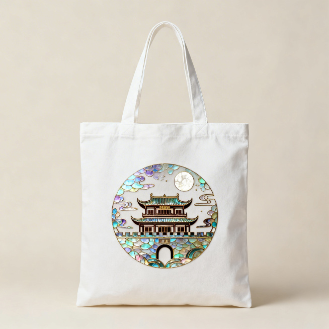 一款融合宜春袁州脱胎漆器工艺的文创帆布包，本白色帆布包，包身印/贴有螺钿镶嵌工艺风格的袁州谯楼明月纹样，提取漆器螺钿的幻彩质感做印花设计，传统工艺结合现代日常用品，简约新中式风格，1:1正方形产品展示预览效果