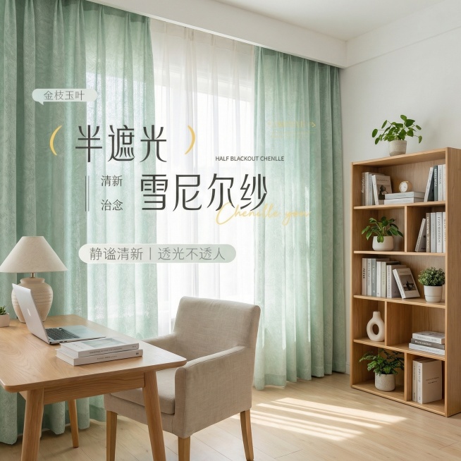 不改变窗帘的面料材质，切换不同的家装场景（最好是清新淡雅的），改变角度，适当修改调整文字，一次生成4张；预览效果