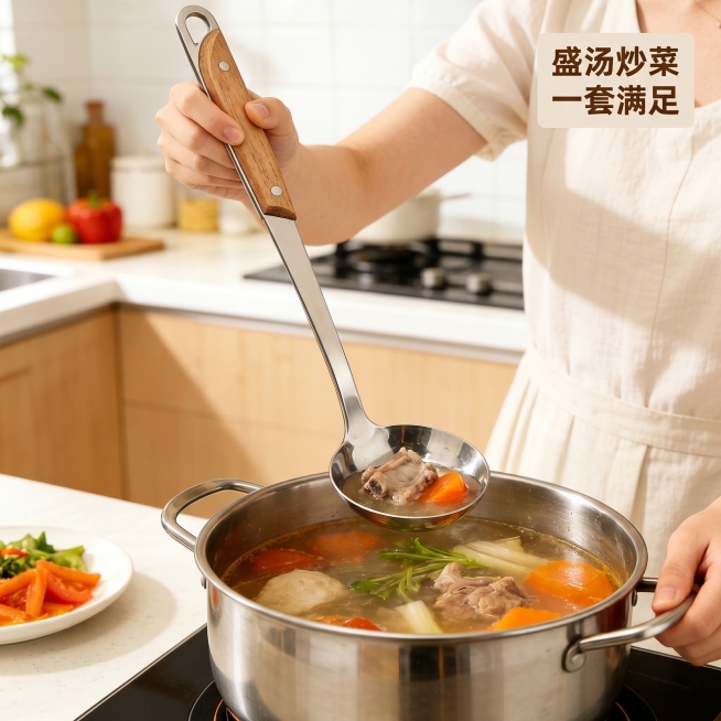 [主图 4] 汤勺实际盛汤使用场景展示图
[氛围风格] 温馨真实家庭厨房场景，生活化实用感
[画质] 商业摄影质感，光线柔和通透，产品清晰真实，画面干净高级
[元素] 女生手持汤勺从不锈钢汤锅中盛出肉预览效果