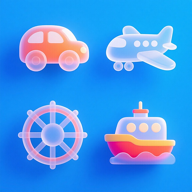 4个Q版图标（元素独立区域）：汽车、火车、飞机、轮船，撞色，蓝色背景，上下两行对齐排列