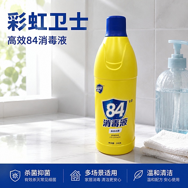 [主图-1] 洁净使用场景首图，展示彩虹卫士84消毒液。
[氛围风格] 明亮干净的家居清洁氛围，清爽通透实用感。
[画质] 商业摄影质感、光线柔和通透、产品清晰真实、画面干净高级。
[元素] 黄色瓶身蓝色瓶盖的彩虹卫士84消毒液居中摆放，瓶身放置在整洁阳台清洁区的白色岩板台面上，旁边搭配一块干净白色清洁布和淡蓝色起泡瓶，背景是浅灰色白瓷砖墙面，窗口透进自然柔光。保持产品外观（即物理结构、材质质感、颜色）与输入产品图绝对一致，杜绝任何变形和色差，精细化处理。商品主体占比严格控制在65%左右，画面满屏无边框。
[光影] 窗户自然光为主光，柔和均匀照亮瓶身，墙面轻微漫反射作为辅光，台面有柔和接触阴影，整体通透不闷，高光不溢出，暗部有层次。
[配色] 主色产品黄，辅助色瓶盖蓝，背景浅灰白，整体干净清爽。
[视角构图] 平视四分之三视角，产品为中心，浅景深，背景虚化突出主体，产品完整不裁切。
[文字版式] 左上负空间左对齐留安全边距，大字主文案写"彩虹卫士"，深蓝色最大号粗体无衬线；辅助文案写"高效84消毒液"，约半高，同色系。底部均分三列放置卖点，文字为左对齐：列一「杀菌抑菌」列二「多场景适用」列三「温和清洁」，白字深蓝色细底，浅蓝字与背景形成强对比，清晰可读不遮挡主体。
[输出要求] 1:1 比例，文字清晰锐利，超高清商业摄影质感。
[负向提示词] 变形，文字错乱，产品图模糊，背景杂乱，水印，电商平台Logo，文字遮挡主体