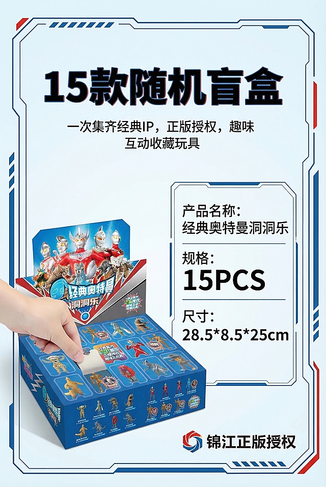 2:3竖屏，严格还原上传的产品图，包括包装设计、颜色、LOGO位置、文字内容、图案元素等所有细节，产品尺寸比例保持1:1。主标题“15款随机盲盒”，副标题“一次集齐经典IP，正版授权，趣味互动收藏玩具”。布局：左侧为半开状态的产品彩盒（露出部分盲盒），右侧文字信息区：产品名称「经典奥特曼洞洞乐」、规格「15PCS」、尺寸「28.5*8.5*25cm」，底部标注「锦江正版授权」。设计感强调：科技感边框分割画面，文字排版对齐工整，数据可视化（15PCS用大号数字突出），色彩延续宝蓝+正红主色调，保持IP热血风格。避免文字模糊，避免尺寸数据错误，避免包装细节篡改，避免风格突变，避免无关装饰元素，避免低清质感，避免比例失调。