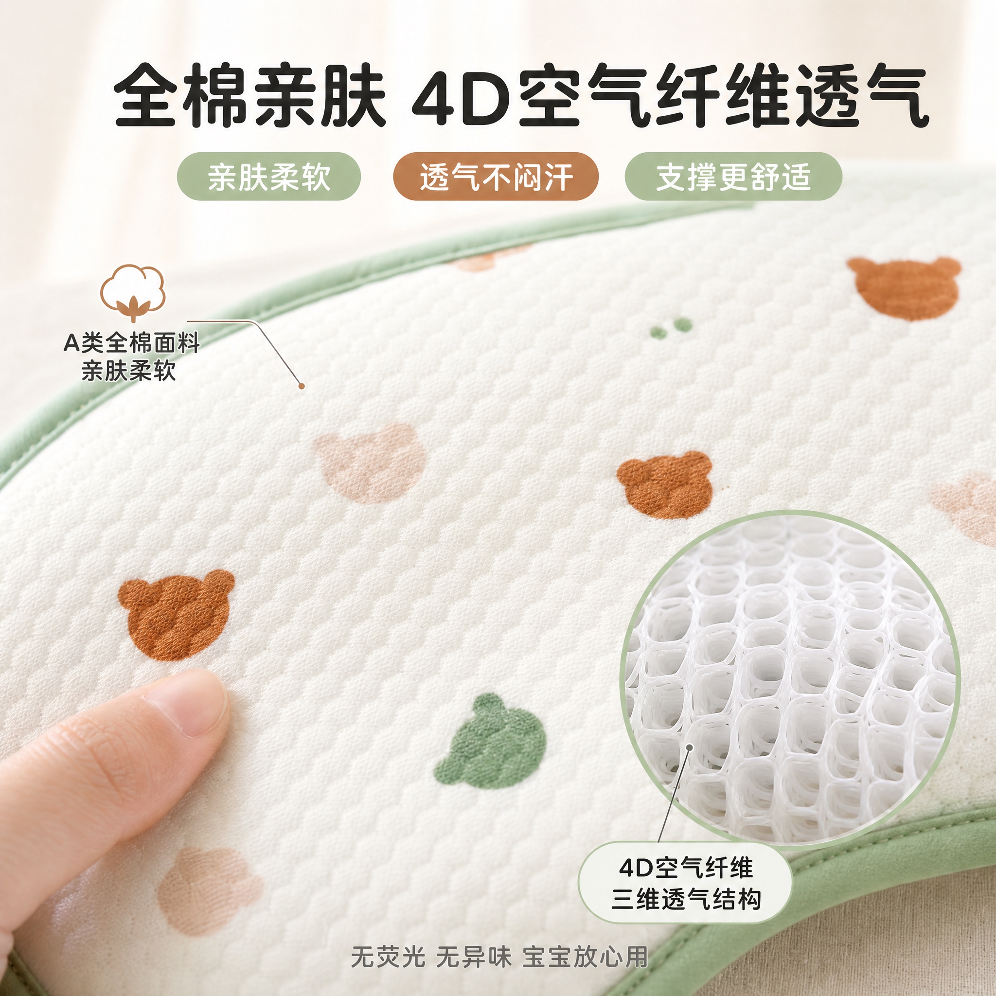 [主图-3] 4D空气纤维婴童云片枕 材质细节微距图 展示全棉… - 图片创意预览