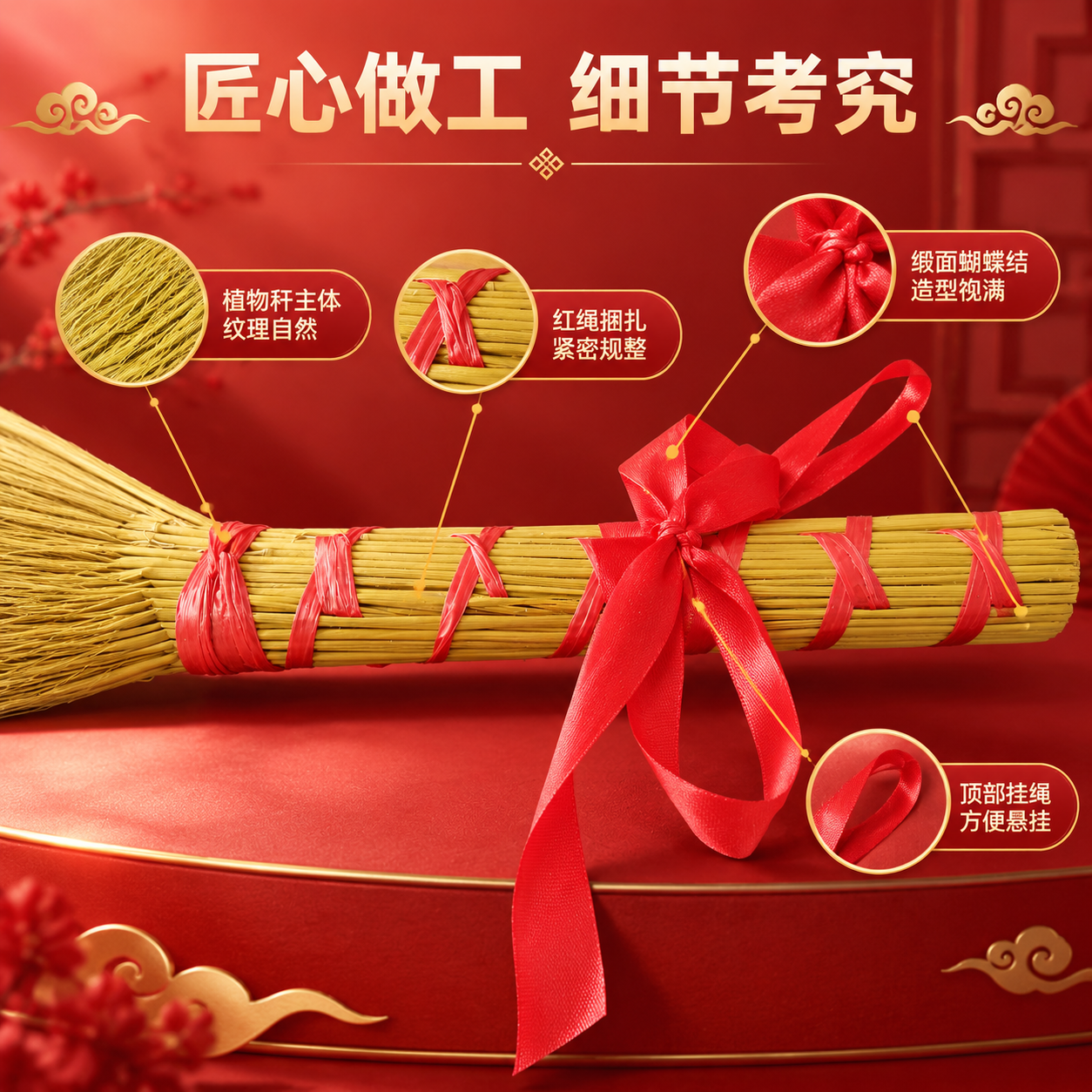 [商品] 使用【图3】扫把捆红绳乔迁之喜细节特写；保留植物秆纹… - 图片创意预览