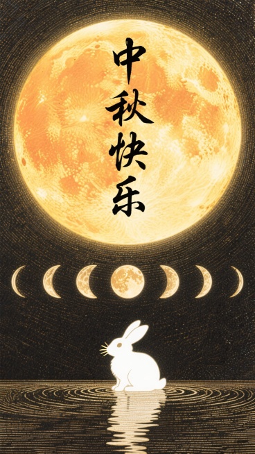 生成中秋海报，从深橙色在顶部到淡黄色在底部。在中央，有一个巨大的发光圆形（代表月亮），从金黄色渐变到软橙色。在这个主圆的下面，排列一个横面的、较小的、半透明的月相（从新月到满月）向中心下降的序列。在主预览效果