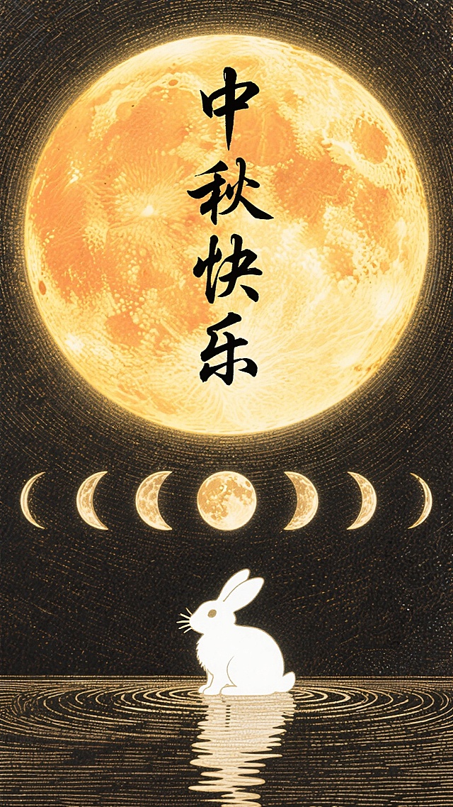 中秋主题插画风设计，融合鎏金与水墨元素，月影流转间玉兔静立水畔，古典优雅中透出梦幻静谧，传递唯美中式节日意境。