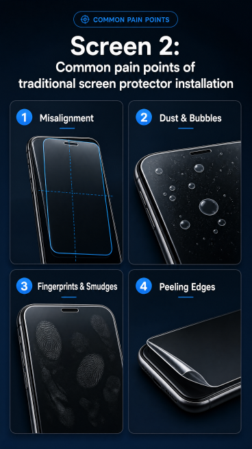 [Screen 2] Common pain points of traditional screen protector installation. 2x2 card layout with 4 c预览效果