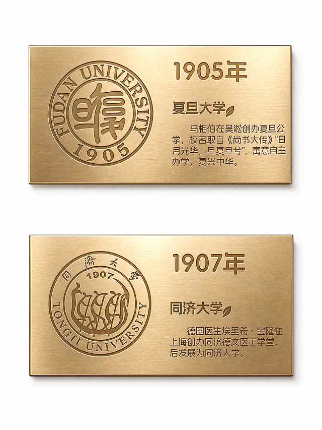 将参考图中的两个铭牌整体渲染成金属质感香槟金色，校徽与文字采用内凹蚀刻工艺，保证线条边缘清晰，保留原有的文字内容和排版布局