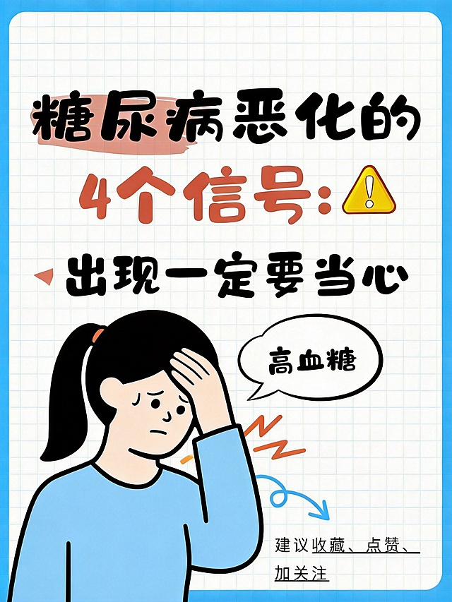生成一张和参考图同样风格的糖尿病科普海报，保留所有文字内容不变：主标题"糖尿病恶化的4个信号⚠️"、副标题"出现一定要当心"，对话气泡写"高血糖"，右下角写"建议收藏、点赞、加关注"，保持蓝色网格背景和简约手绘漫画风，重新绘制人物形象和排版细节，不能和这张参考图一模一样