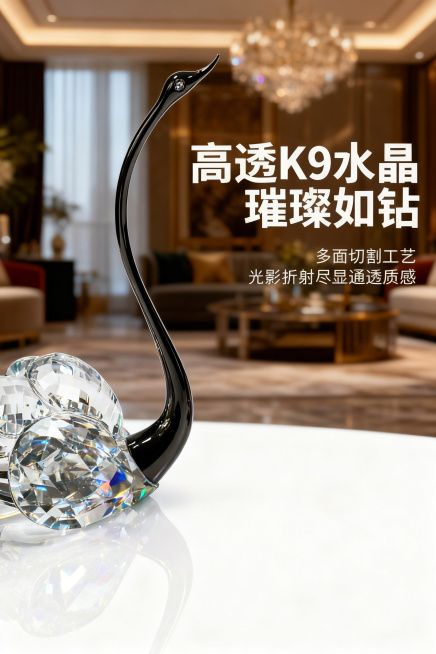 杂志风特写排版，严格还原上传的产品图水晶天鹅的颜色、造型、材质细节等所有细节。放大特写水晶天鹅的身体部分，放置在轻奢家居场景中，突出水晶的高通透度、多面切割的锋利棱线细节，光影在切面上折射出清晰的彩虹预览效果