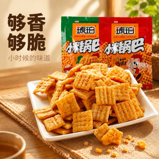 [主图-1] 琥珀小米锅巴首图，突出食欲感与怀旧氛围。[氛围风格] 温馨居家餐桌场景，复古怀旧零食风。[画质] 商业摄影质感、光线柔和通透、产品清晰真实、画面干净高级。[元素] 白色方盘里堆满满的琥珀预览效果