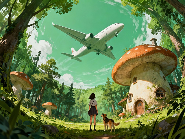 画面呈现从少女背后望向天空飞机的鱼眼镜头视角，绿色调森林中巨大蘑菇房子错落分布，少女与狗的背影面向掠过的飞机，鱼眼效果带来独特的空间扭曲感与广阔视野，整体色调温馨和谐。