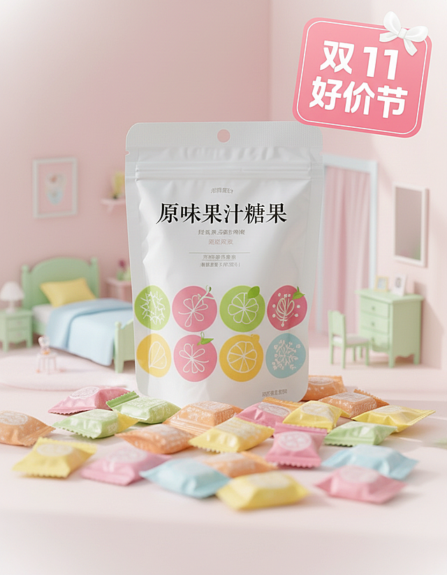 扁平风与轻拟物结合，柔和色彩营造甜蜜清新感，印刷风包装搭配温馨卧室场景，传递舒适愉悦氛围，双11好价节主题突出。