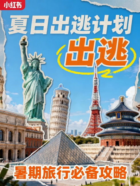 在现有封面基础上，为自由女神像、比萨斜塔、东京铁塔、卢浮宫、罗马建筑、天坛每个元素都添加手撕纸张边缘的复古拼贴效果，边缘带有自然毛边和细微纸张纹理，整体保持原色彩明亮清新的风格预览效果