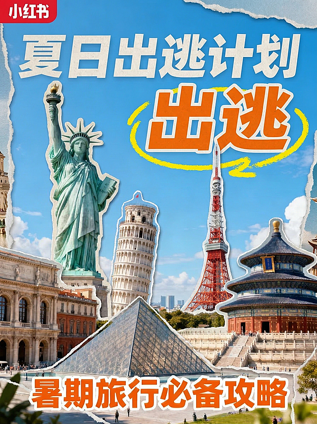 在现有封面基础上，为自由女神像、比萨斜塔、东京铁塔、卢浮宫、罗马建筑、天坛每个元素都添加手撕纸张边缘的复古拼贴效果，边缘带有自然毛边和细微纸张纹理，整体保持原色彩明亮清新的风格