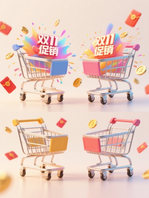 3D渲染风格电商促销海报，浅色背景上，上下两行整齐排列4个不同配色、不同样式、不同材质的购物车，每个购物车细节丰富，金属框架呈现明亮的金属光泽，塑料部件具有光滑细腻质感，购物车周围环绕彩色渐变光效，飞溅的金币和红包元素动感十足，融入醒目双11促销文案，整体画面充满欢快氛围，视觉层次分明，高光与阴影处理细腻，色彩鲜明和谐，现代感十足，设计符合电商促销高效信息传达需求。预览效果