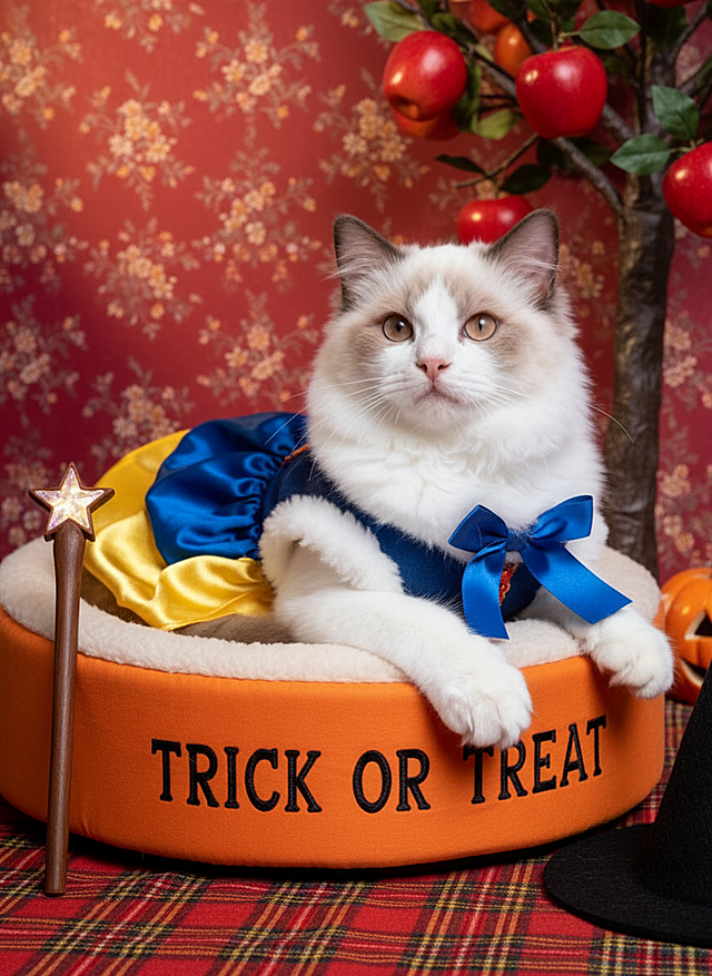 猫咪身着白雪公主的服装，慵懒窝在印有 “TREAT OR TRICK” 标识的毛绒猫窝里，深红碎花墙面背景，搭配苹果树、苹果，格兰芬多配色（红金黄）的格纹地毯，旁置巫师杖、巫师帽等道具