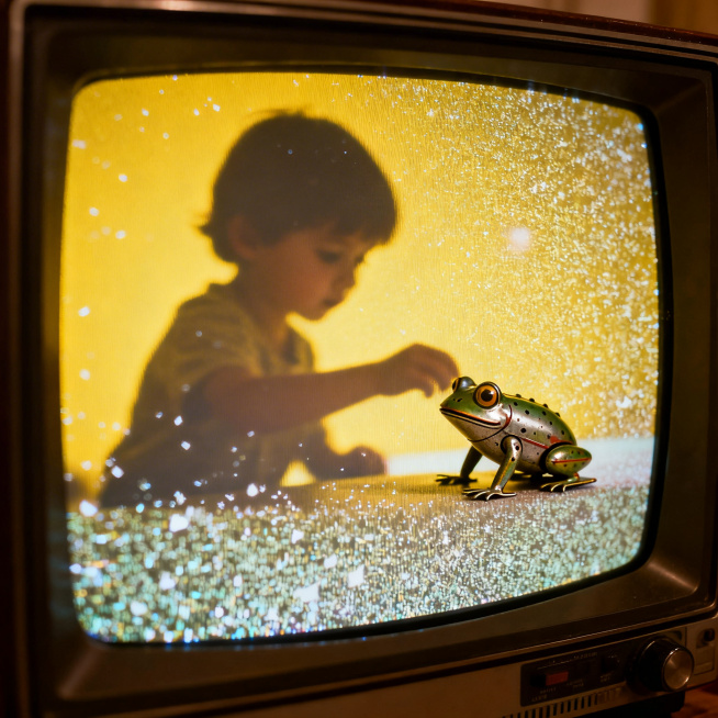 A close-up of an old CRT television with static snow on screen, reflecting a blurry silhouette of a预览效果