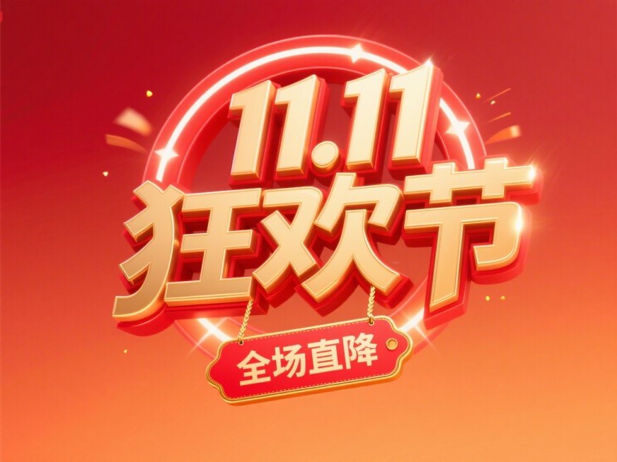 金色 “11.11 狂欢节” 立体艺术字，搭配红色环形光效装饰，下方有 “全场直降” 红色标签。背景为红橙渐变，整体风格大气炫酷，突出双十一促销的热烈与冲击力。预览效果