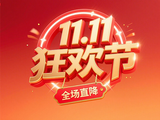 3D鎏金大字风设计，金属质感突出，红金配色营造喜庆促销氛围，搭配动态光效与体积感装饰，强化双十一狂欢节的节日冲击力。