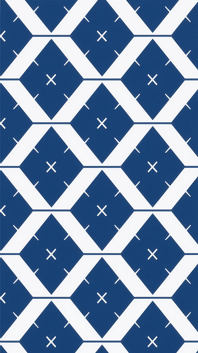 几何菱形无缝背景图案，由大小一致的菱形单元重复排列构成，菱形内部填充深蓝色，菱形之间的间隙为白色，每个深蓝色菱形中心有一个小型的白色十字交叉线条装饰，整体呈现出简洁、对称、规律的现代设计风格，色彩对比鲜明，视觉层次清晰，适合作为背景使用。